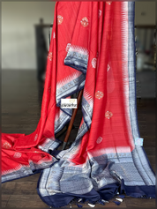 Tussar Georgette Banarasi - Red Navy Blue Kadwa