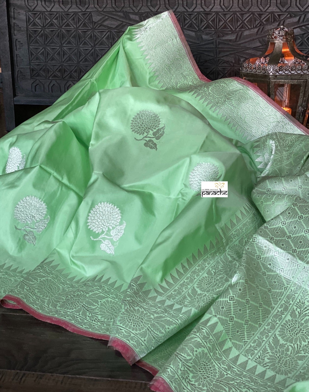 Katan Silk Banarasi - Mint Green Khadwa Silver Zari Woven