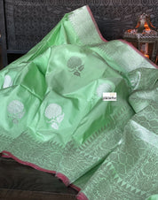 Katan Silk Banarasi - Mint Green Khadwa Silver Zari Woven