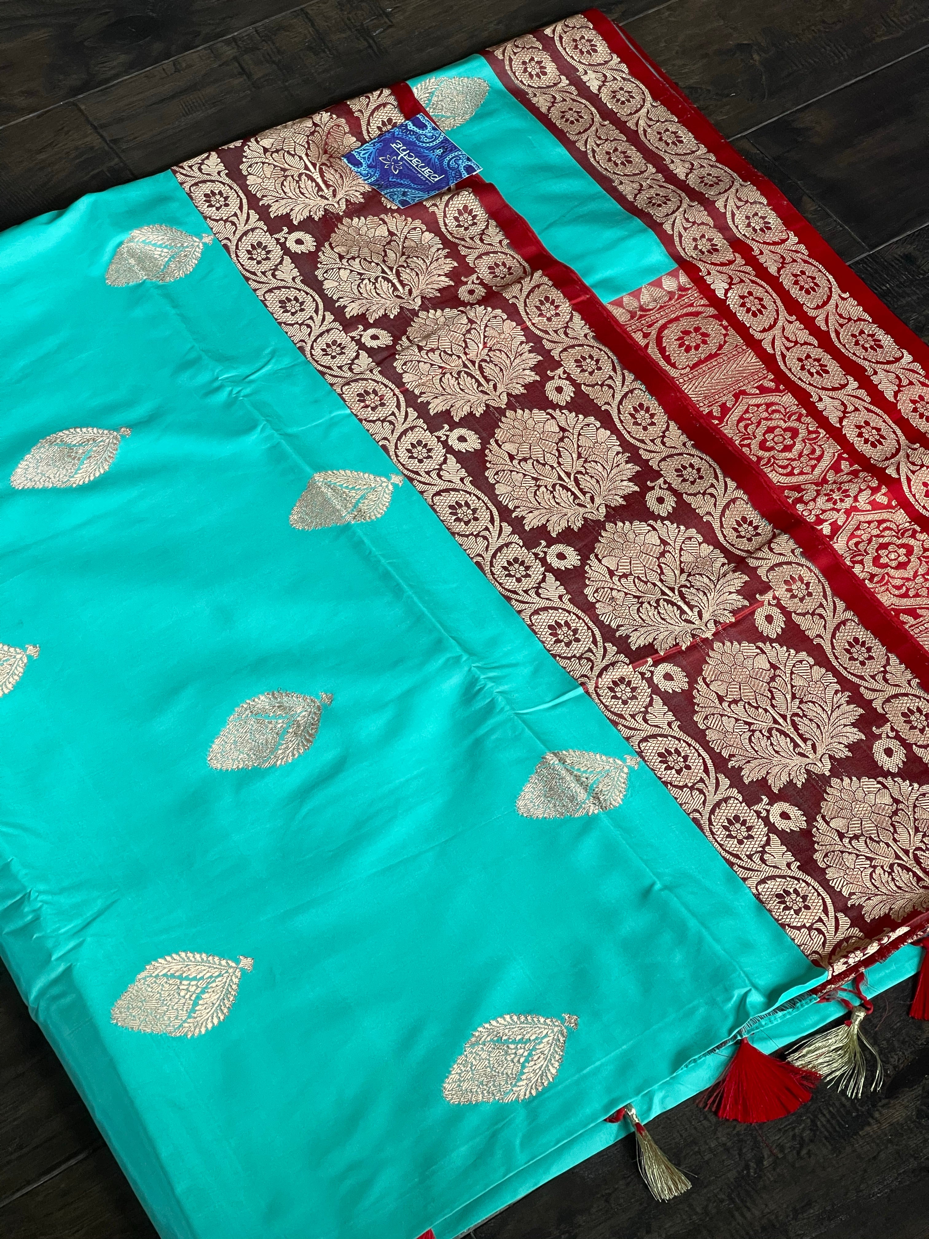 Katan Silk Banarasi - Aqua Sea-green Red