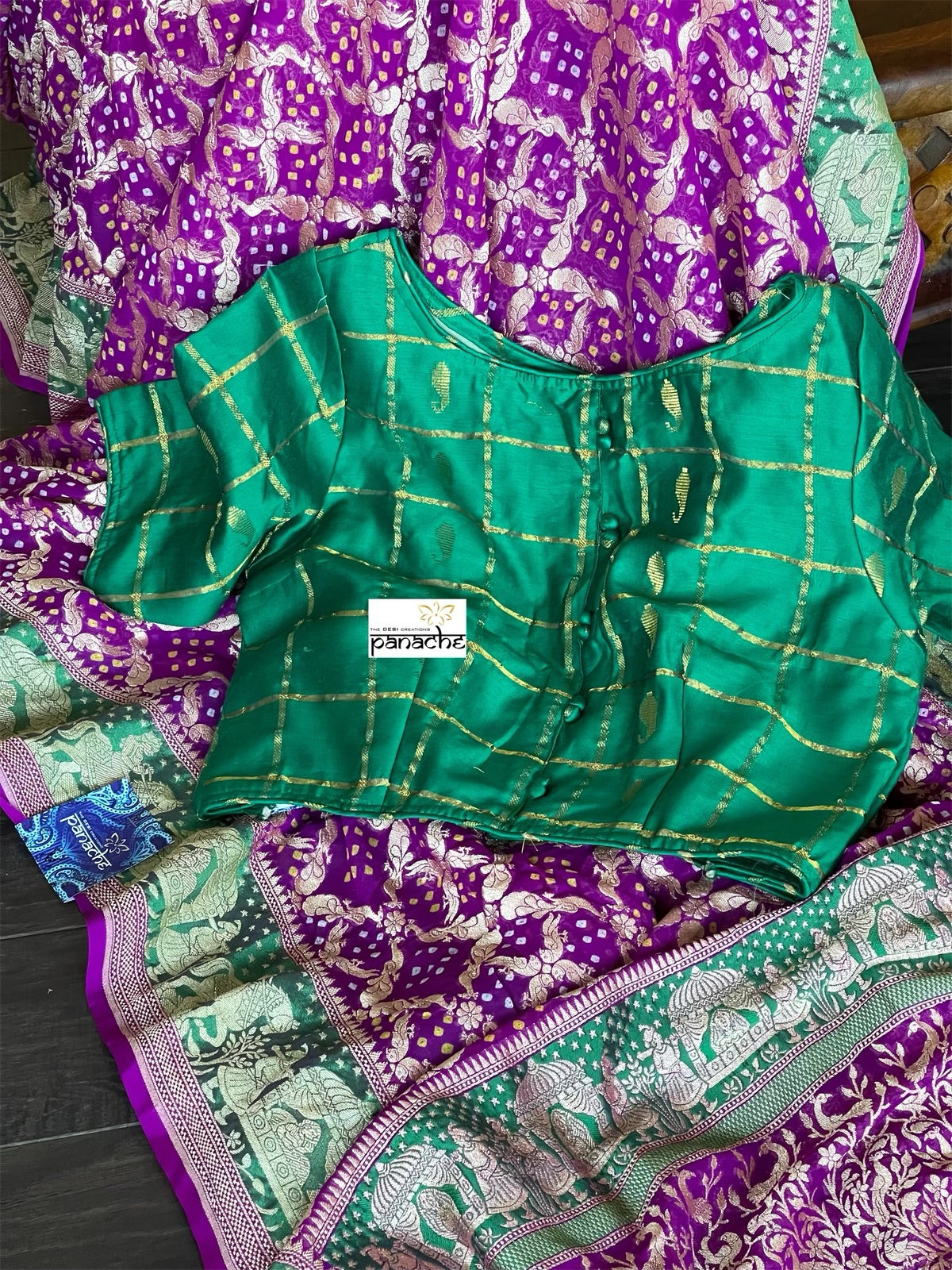 Bandhej Khaddi Georgette Banarasi - Purple Green