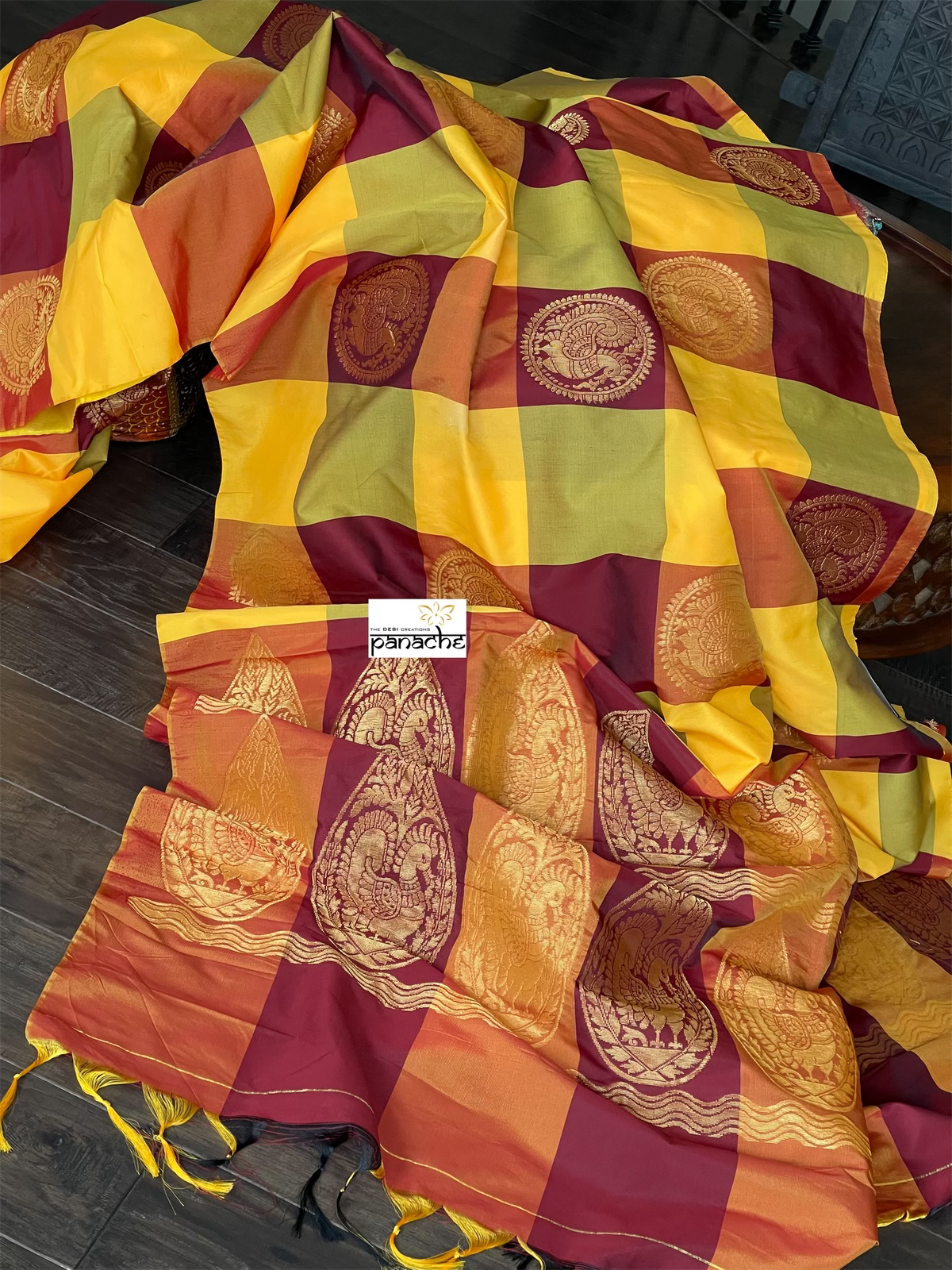 Soft Silk Kanjivaram - Yellow Maroon Checkered