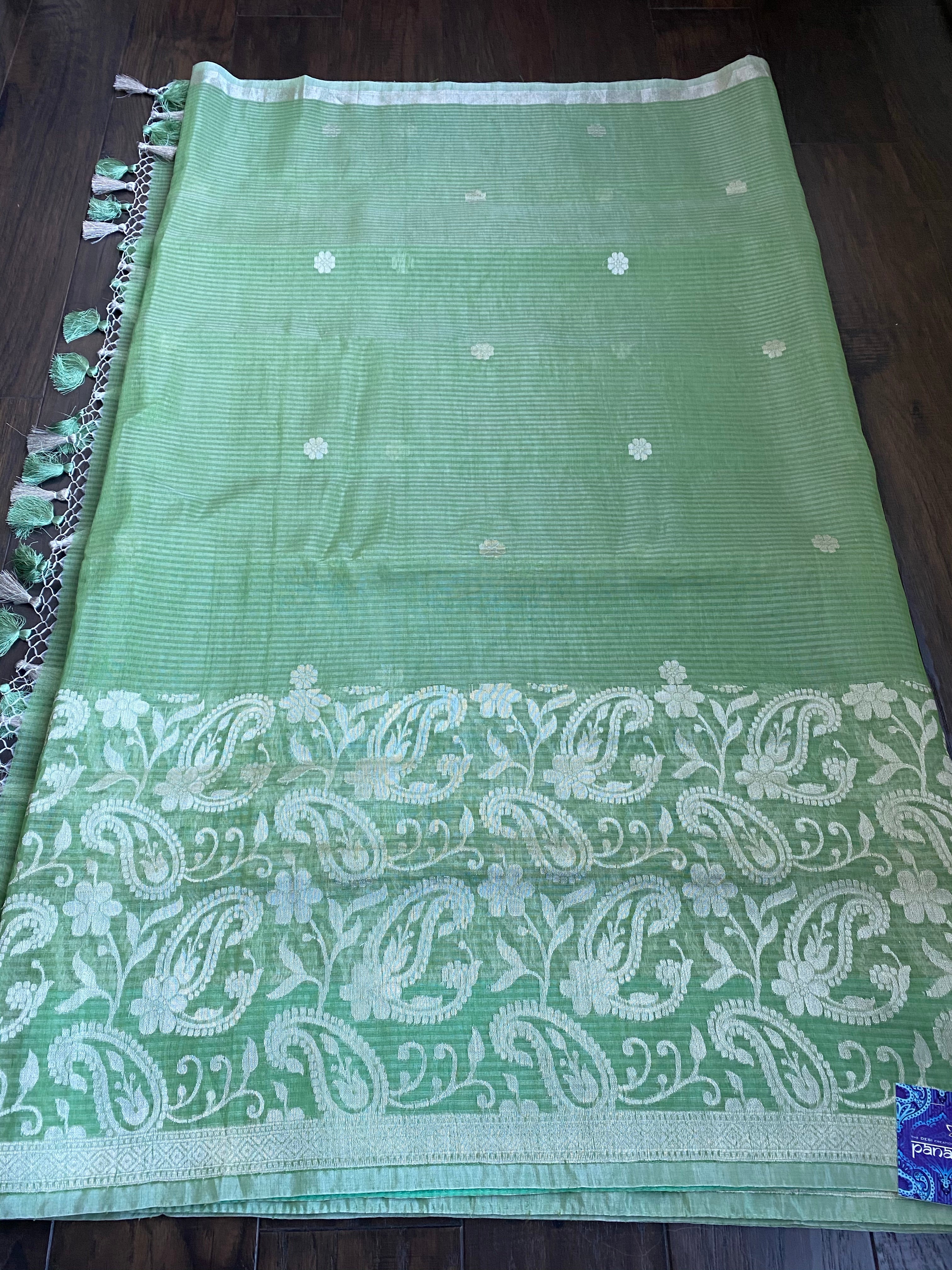 Linen Silk Banarsi - Pista Green Silver Zari
