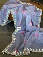 Designer Organza Floral - Bluish Grey Handwork Border