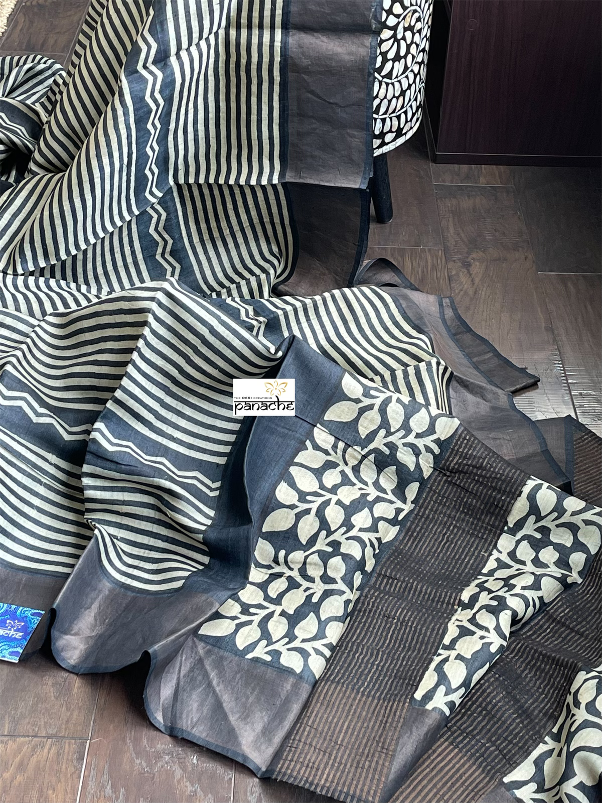 Pure Tussar Silk Printed -  Beige Black