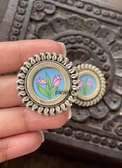 Earring 925 Silver- Hand Painted Flowet Stud