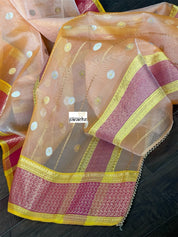 Pure Chanderi Katan Silk - Peach Silver Golden Zari