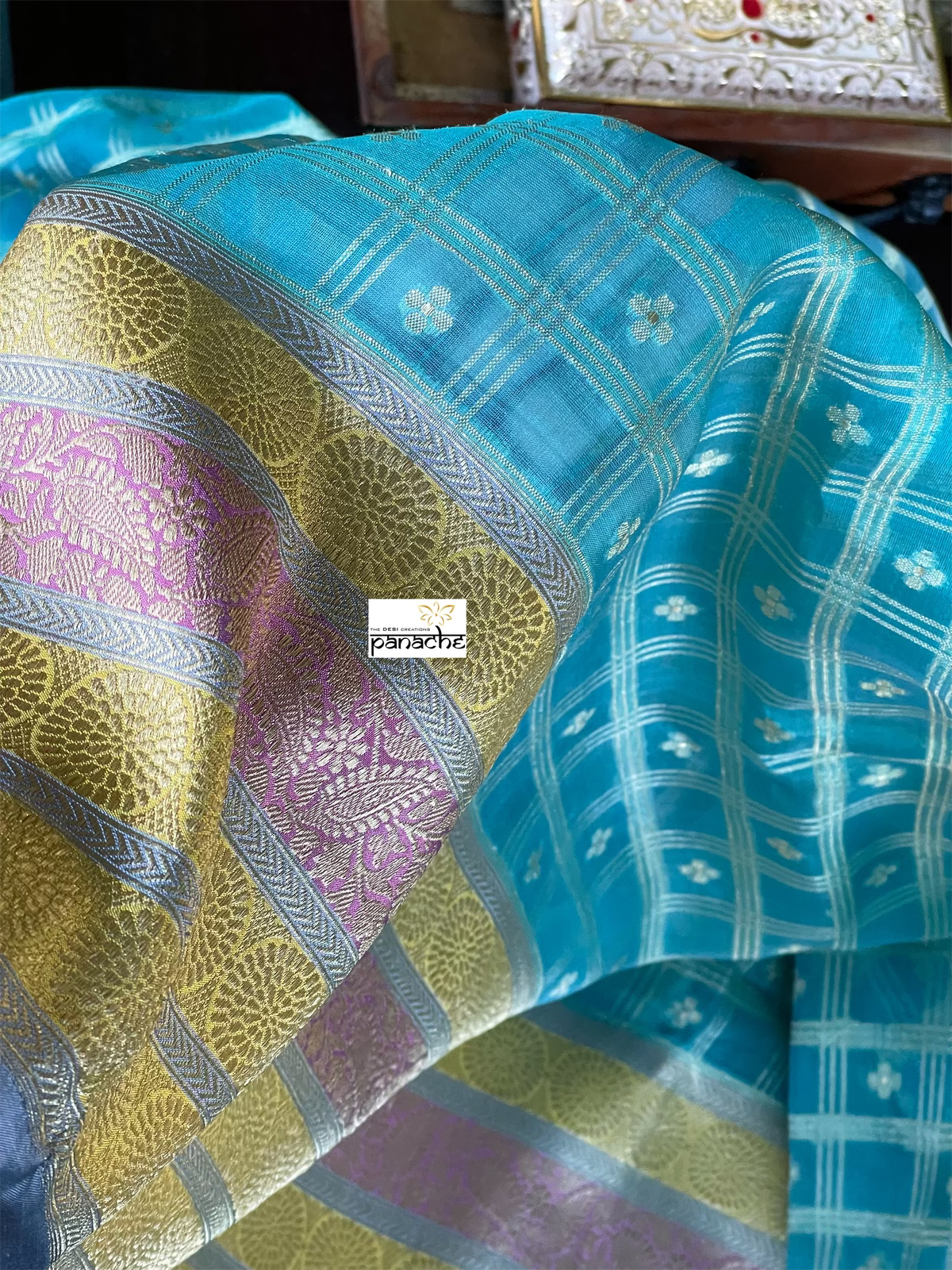 Organza Silk Banarasi - Blue Checkered