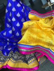 Designer Tussar Silk - Yellow Blue Half Half