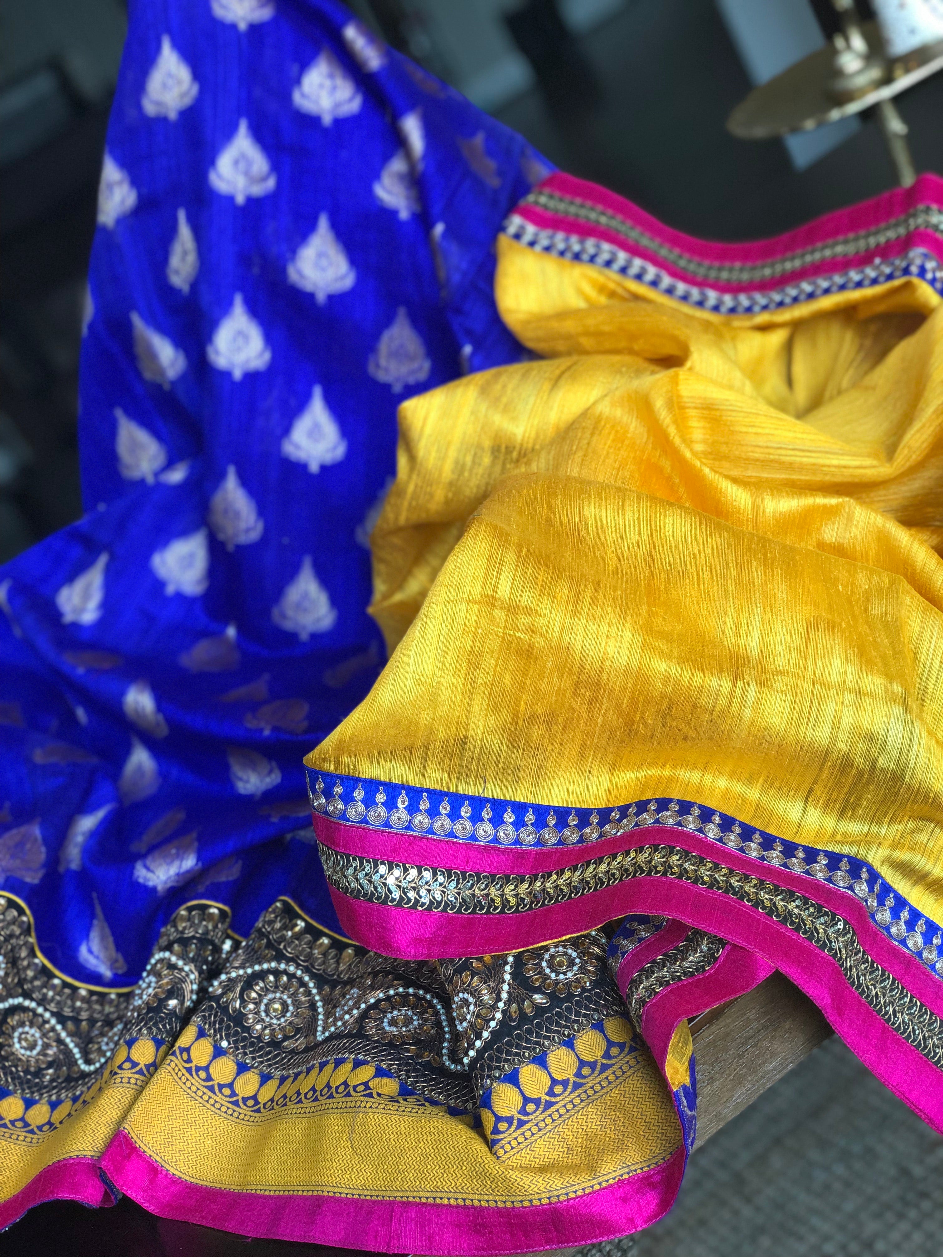 Designer Tussar Silk - Yellow Blue Half Half
