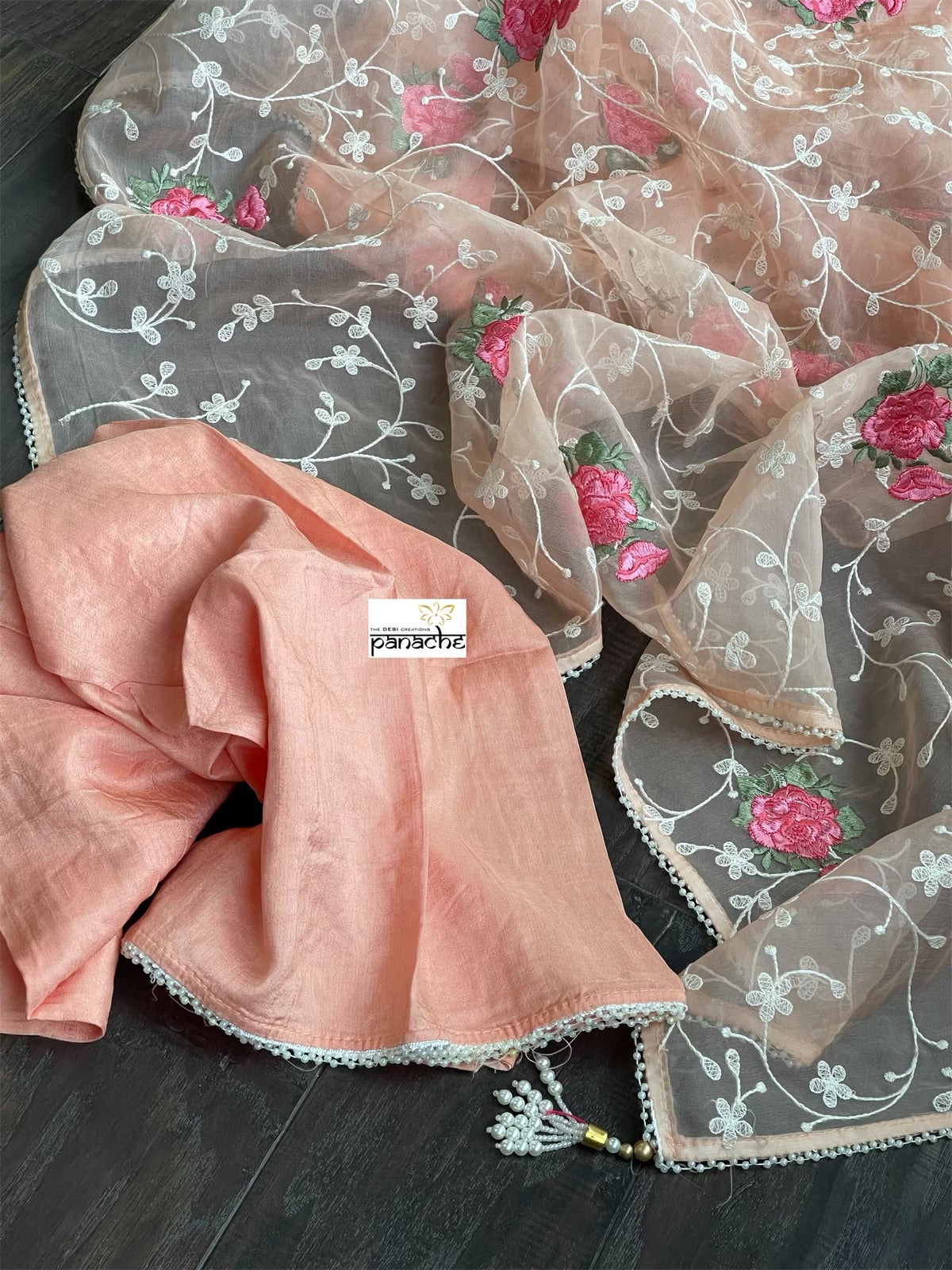 Designer Organza Floral - Peach Embroidered