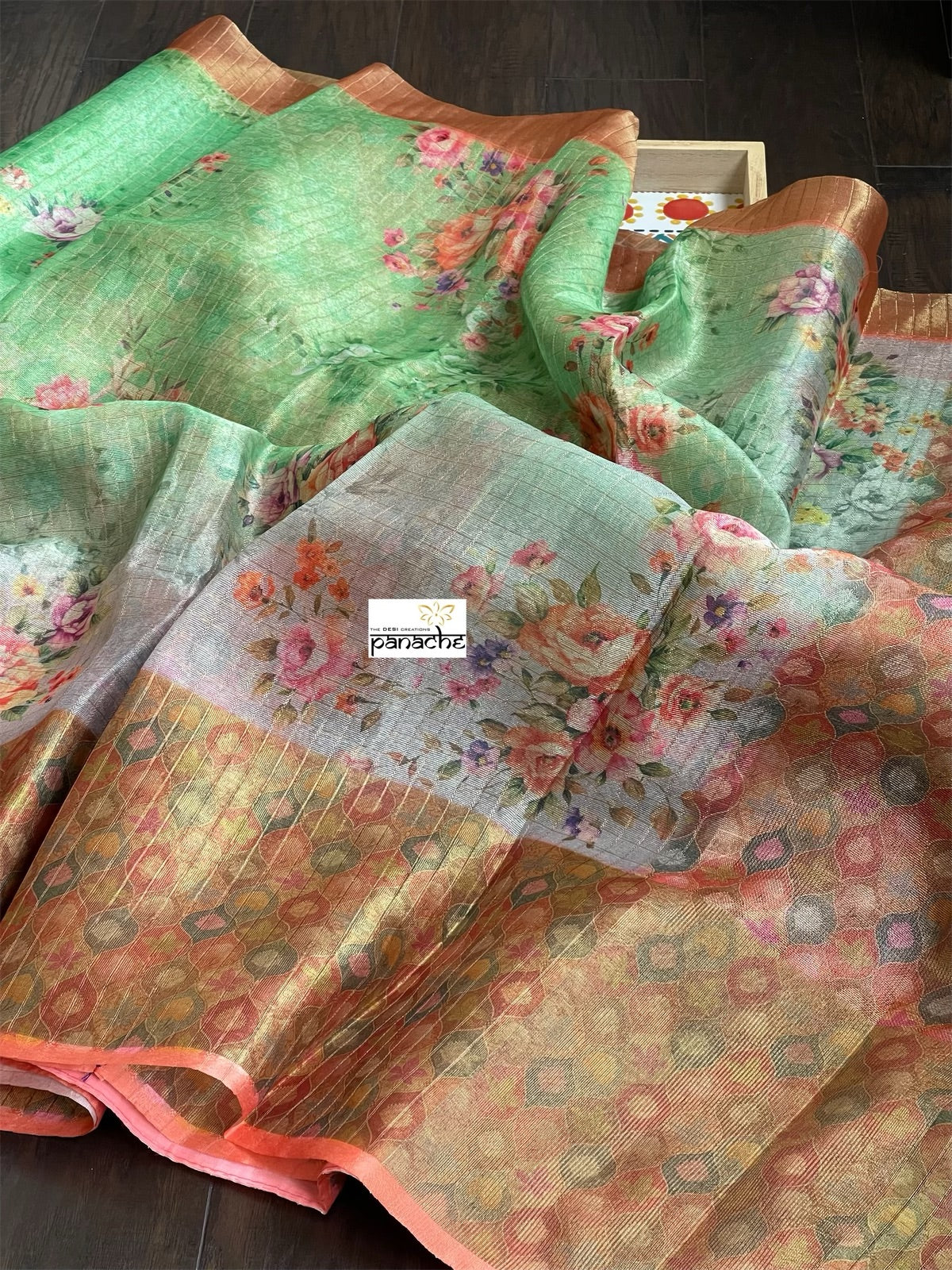 Tissue Kota Silk Printed - Green Orange Shaded