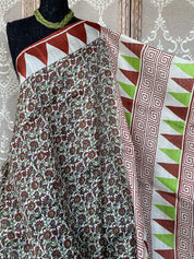 Pure Murshidabad Silk - Green Brown Off White Temple Border Printed