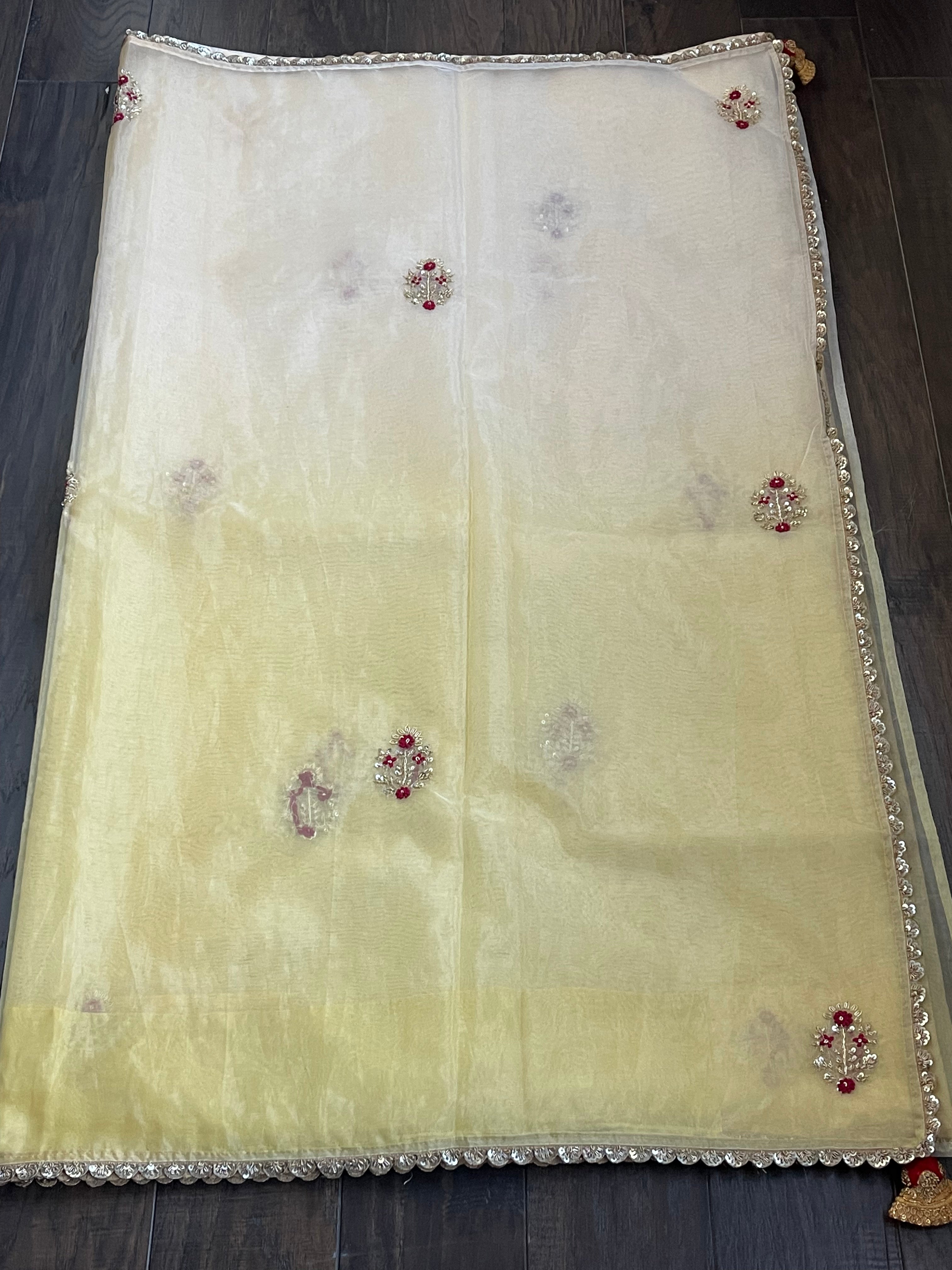 Designer Organza - Lemon Yellow mukaish Embroidered
