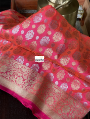 Pure Silk Banarasi - Pink Orange Dual shaded Antique Zari