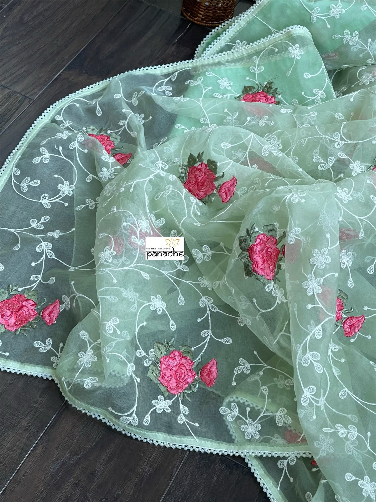 Designer Organza Floral - Pista Green Embroidered