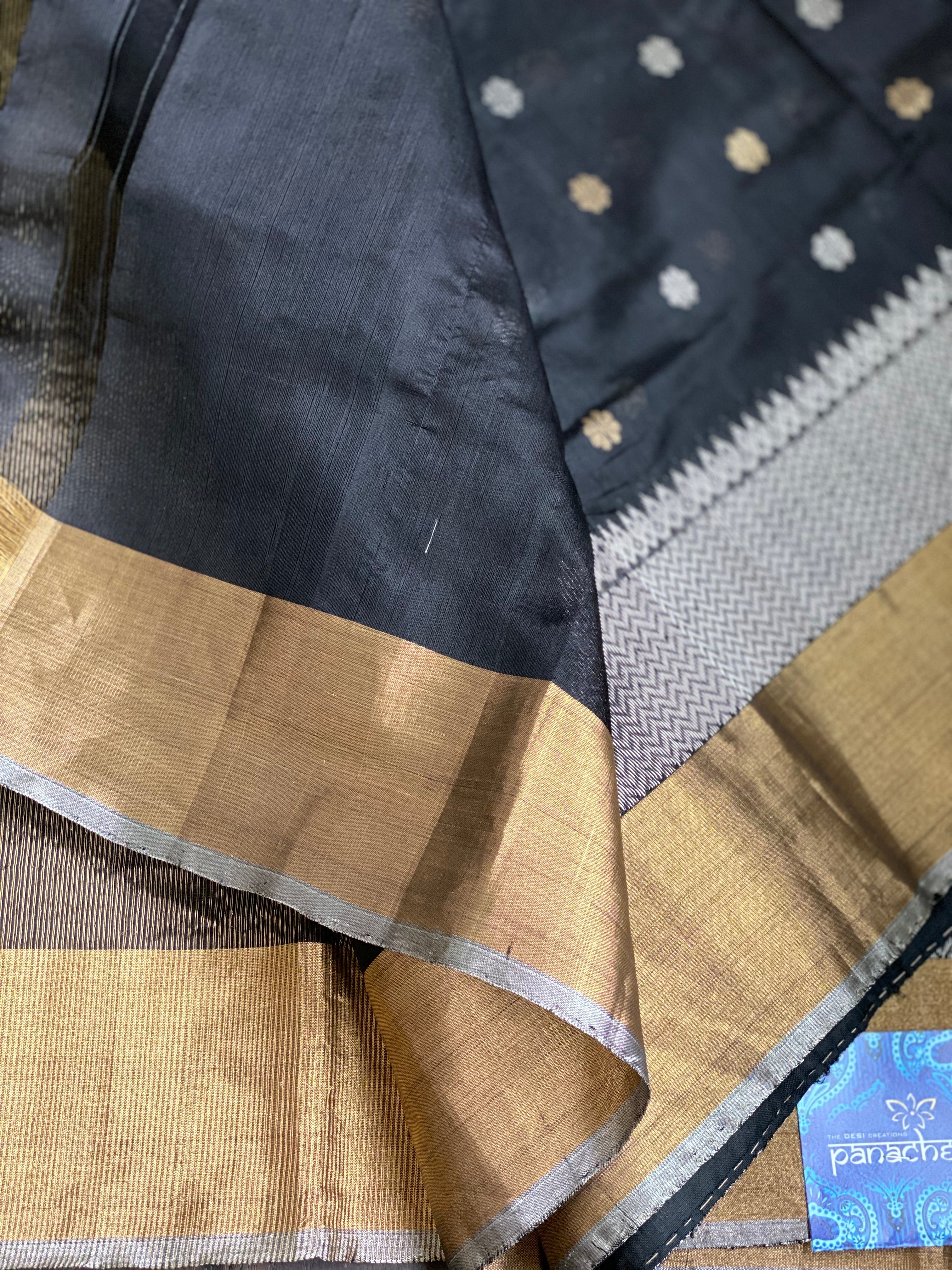 Pure Chanderi Silk -  Black Golden Silver Zari Woven