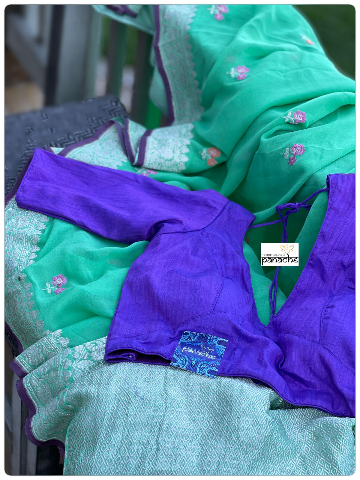 Khaddi Georgette Banarasi - Green Purple Khadhua Woven