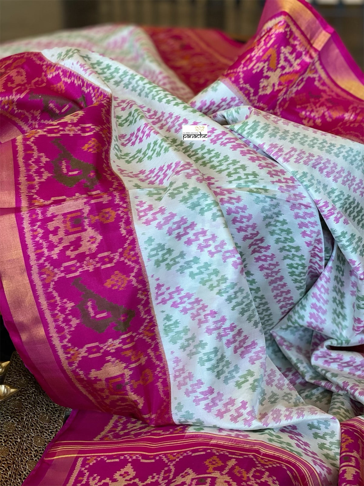 Pure Silk Ikat -  Offwhite Green Magenta
