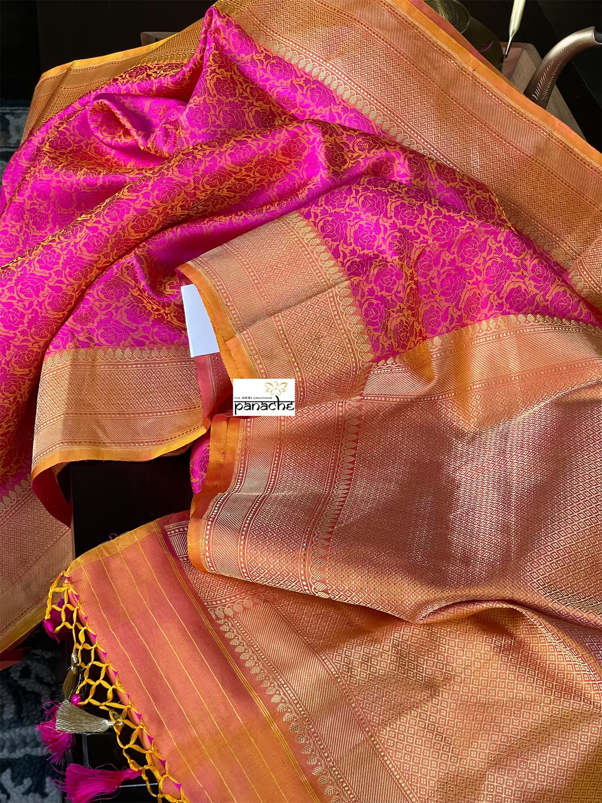 Katan Silk Tanchui Banarasi - Magenta Pink Antique Zari