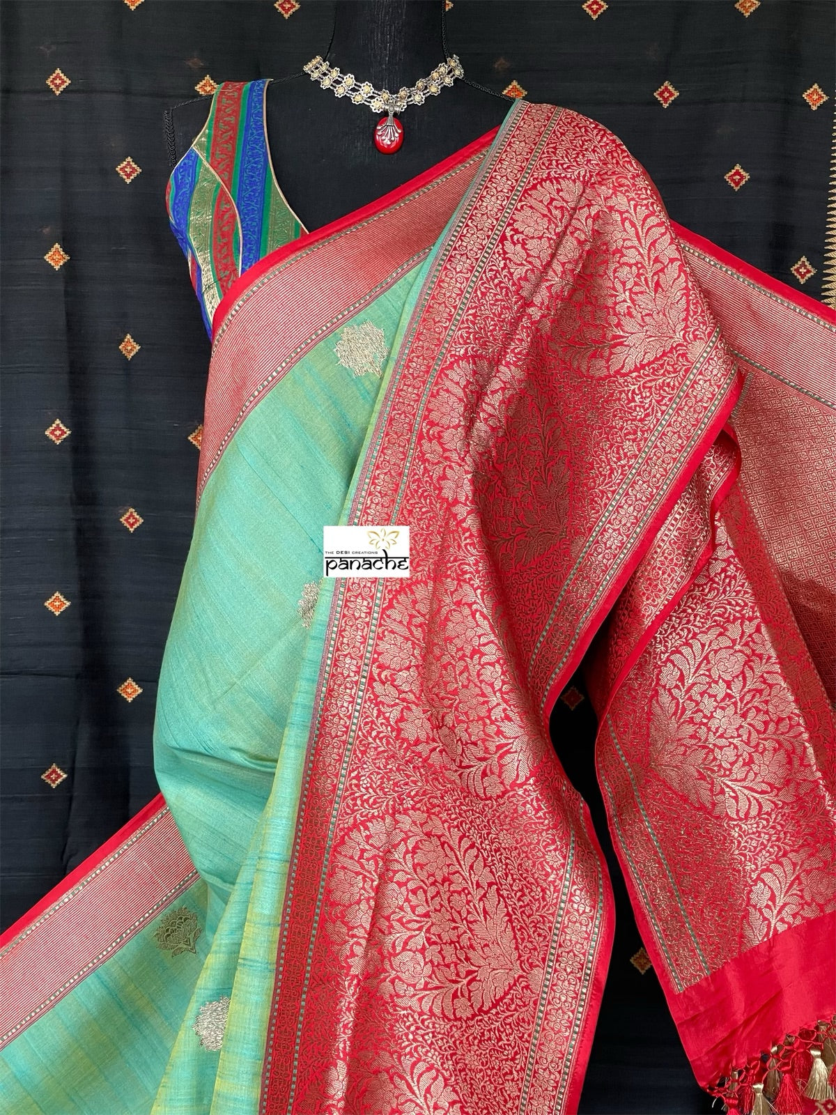 Pure Tassur Silk Banarasi - Sea Green Red