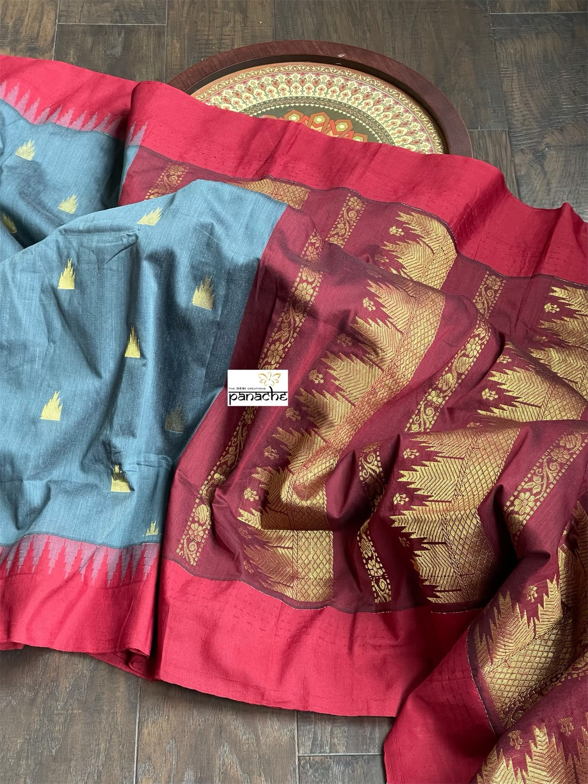 Gadwal Cotton Silk - Grey Maroon