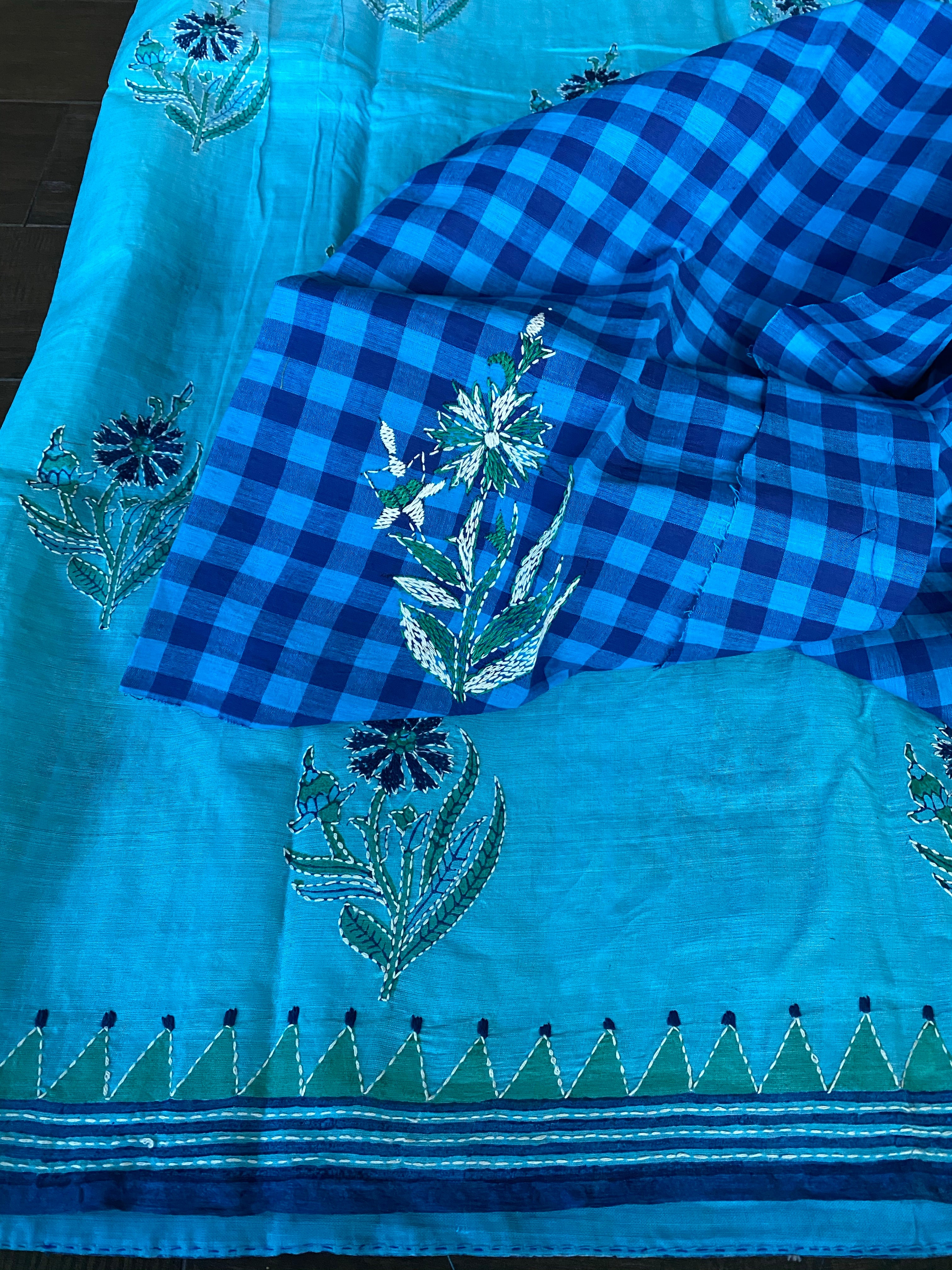 Tussar Silk Kantha Stitch -  Firozi