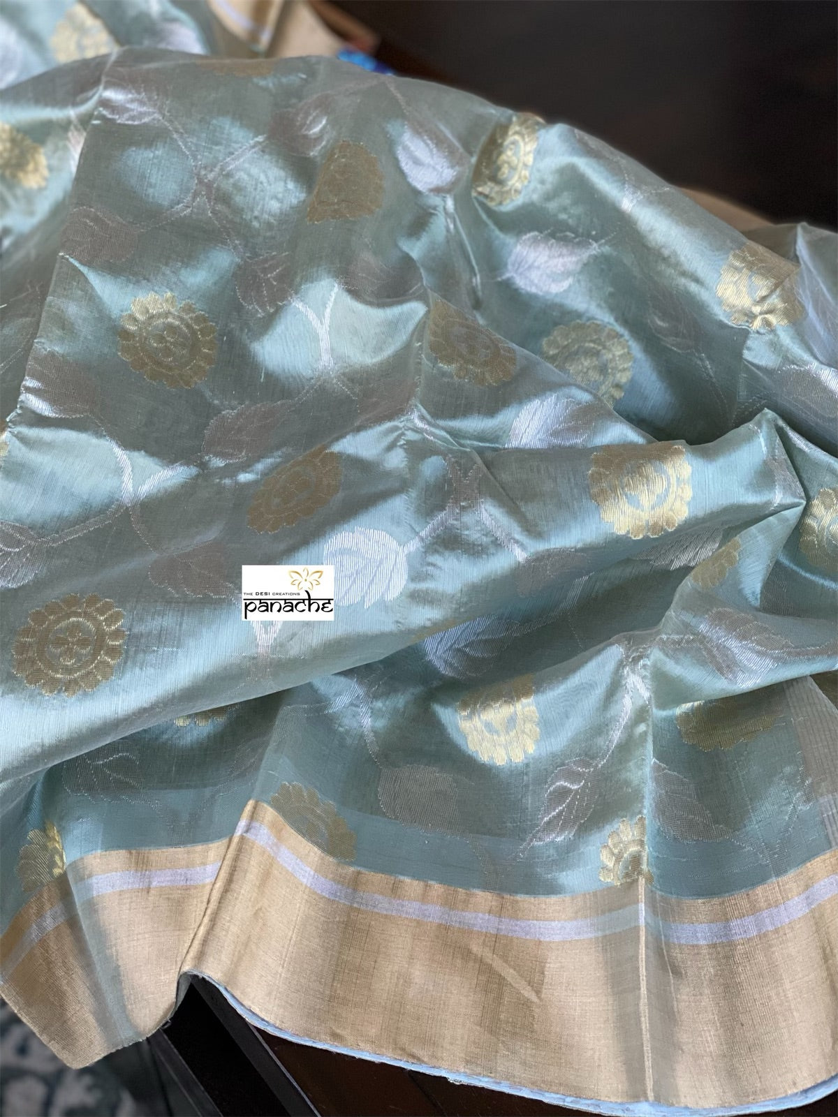 Pure Chanderi Patti Silk - Metallic Sea Green Jaal woven
