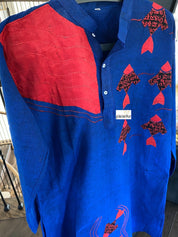 Khadi Cotton Saree Kurta Pair - Royal Blue Red
