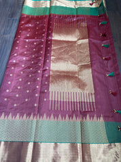 Pure Chanderi Silk - Brown Plum Green Golden Silver Zari Woven
