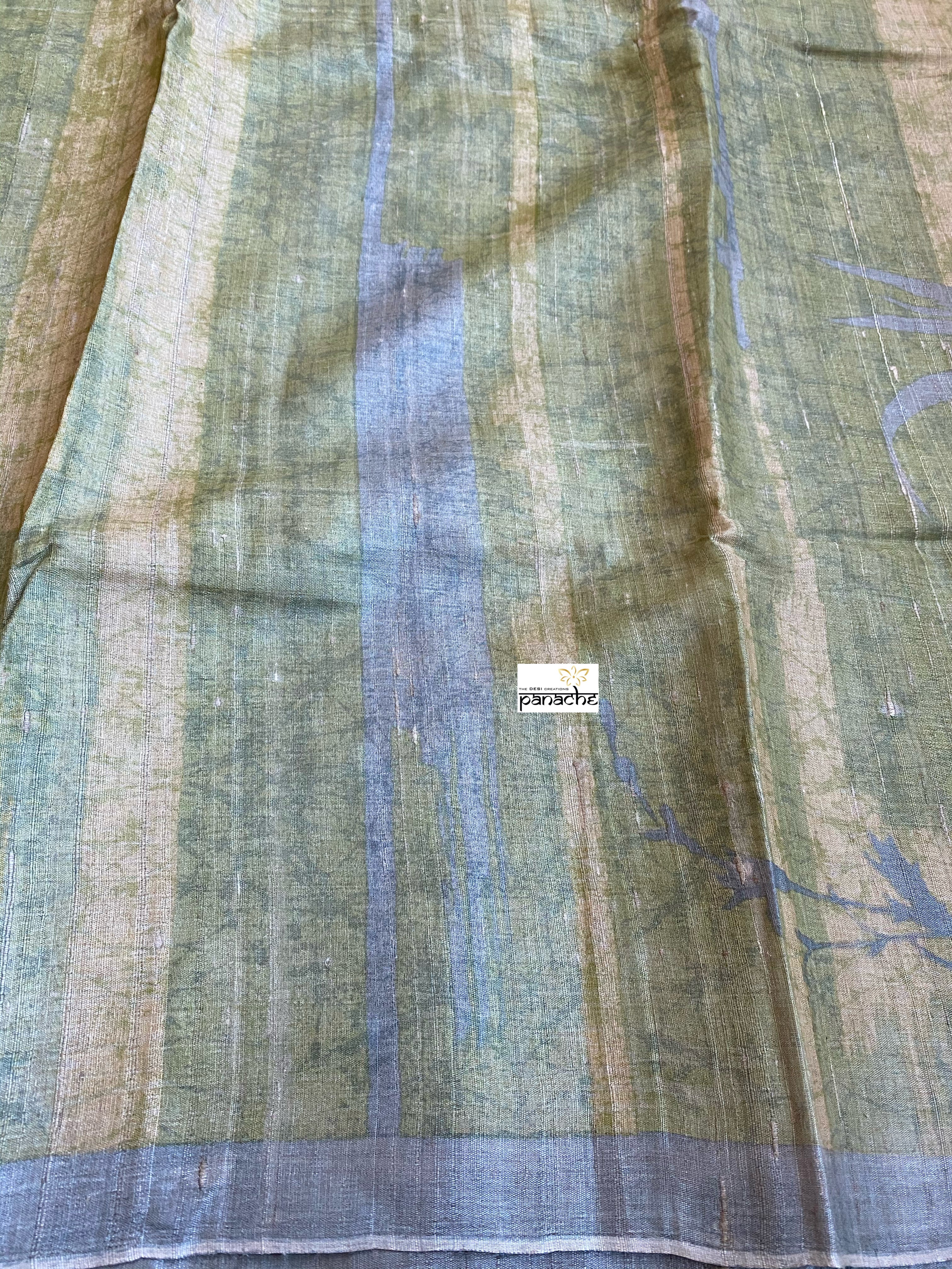 Pure Tussar Silk - Grey Pista Green Printed
