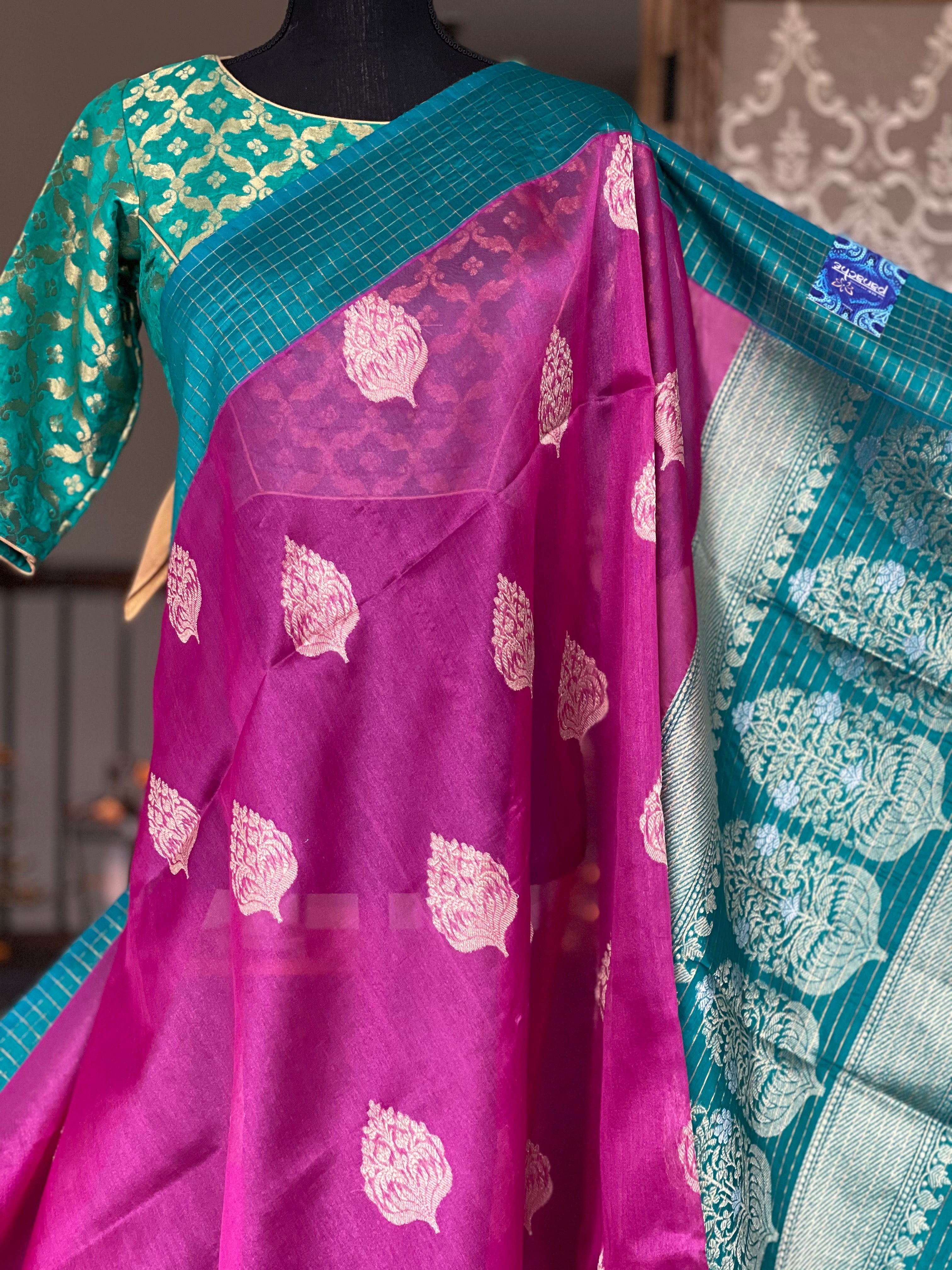 Tussar Silk Banarasi - Magenta Pink Rama Green Zari checkered