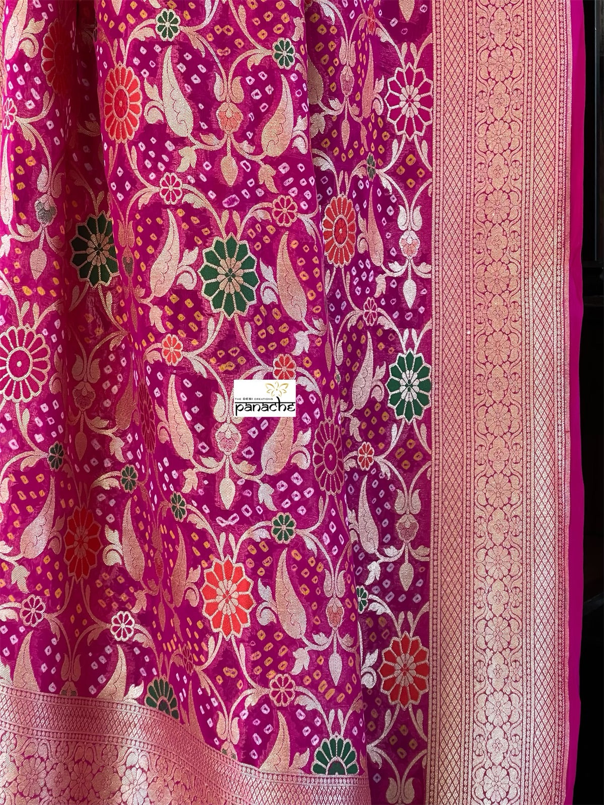 Bandhej Khaddi Georgette Banarasi - Magenta Pink