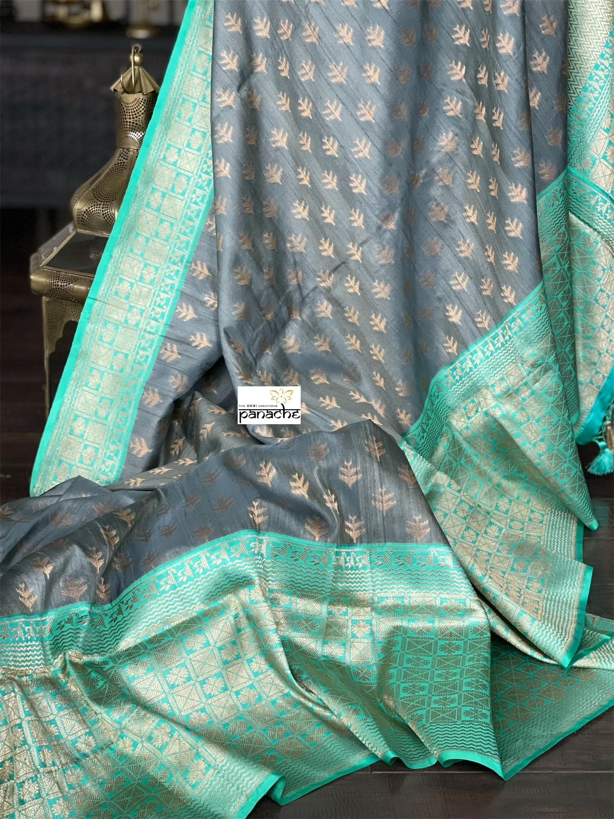 Pure Tassur Silk Banarasi - Grey Sea Green