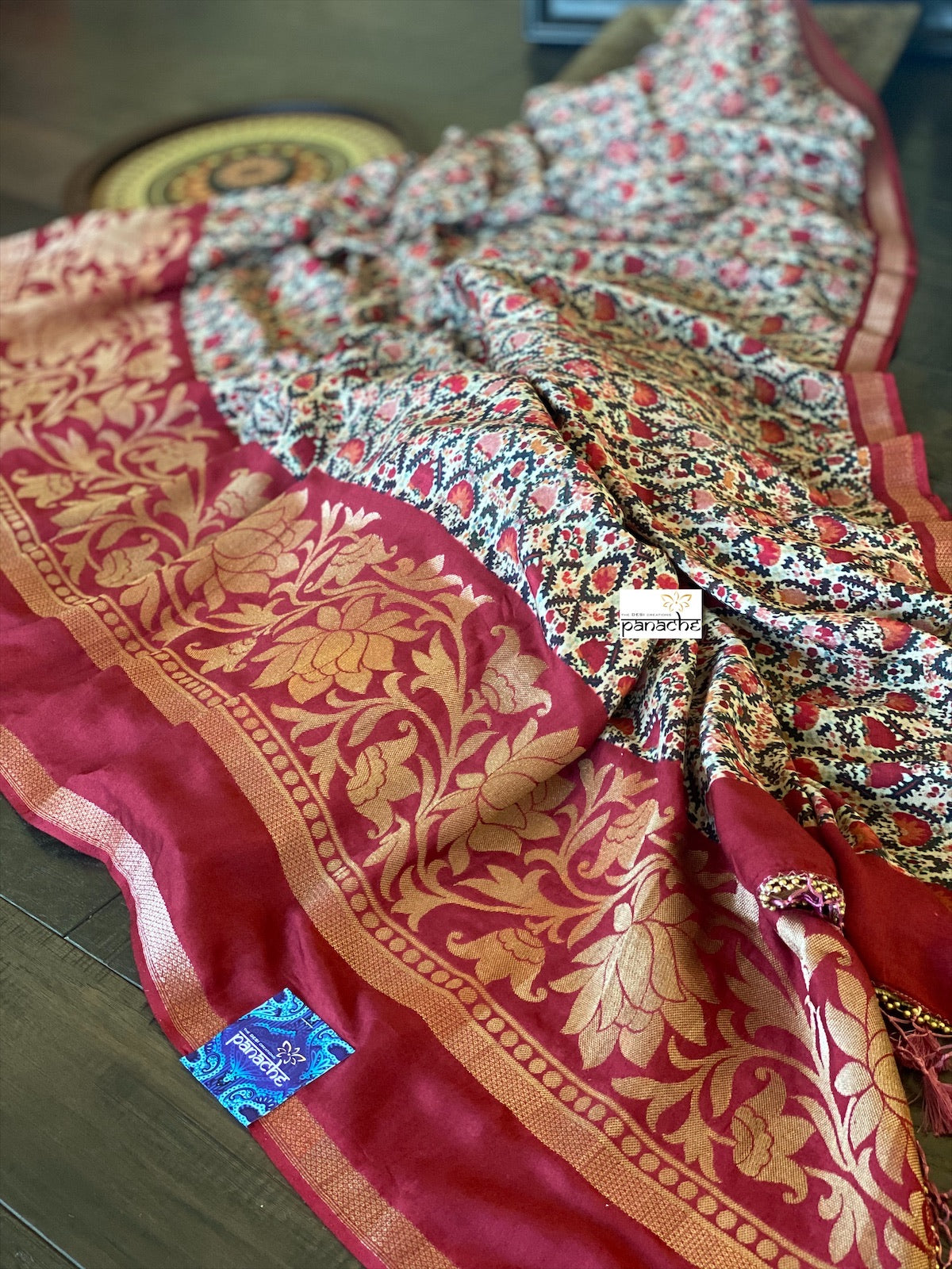 Designer Crepe Silk  - Offwhite Maroon