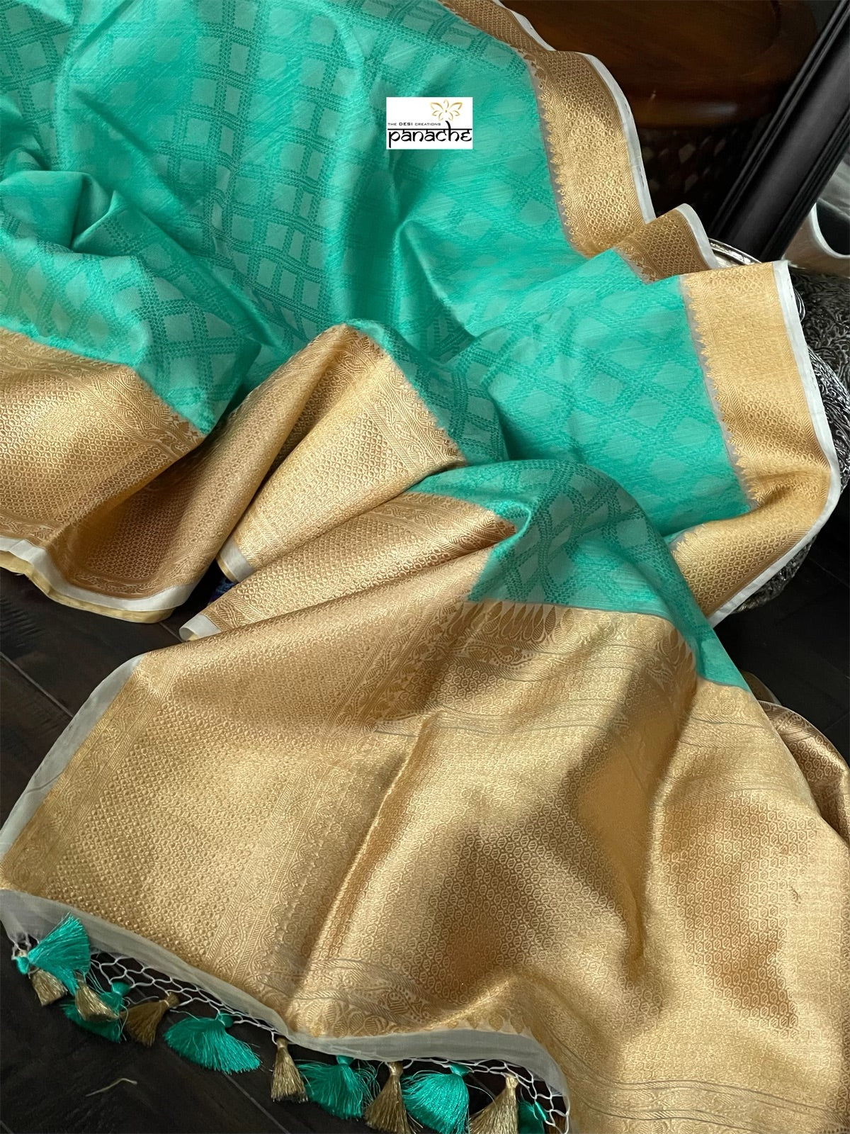Pure Silk Banarasi - Sea Green Beige Antique Golden Zari
