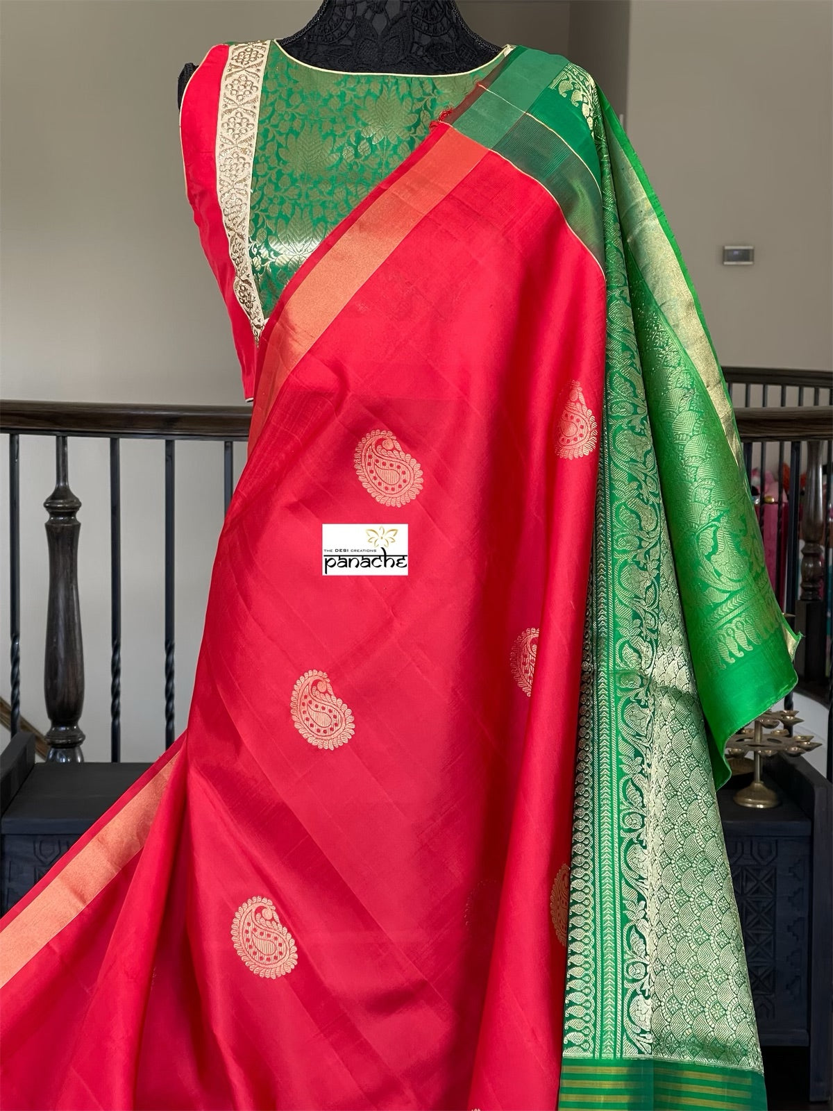 Pure Silk Kanjivaram - Red Green Paisley
