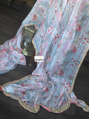 Designer Georgette Striped - Pink Floral