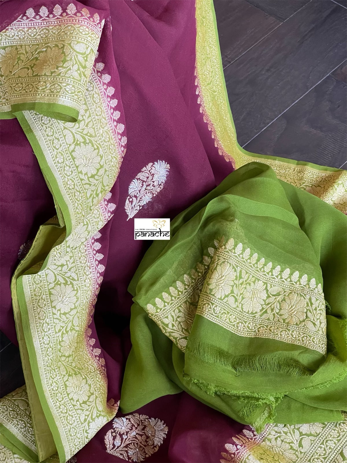 Khaddi Georgette Banarasi - Maroon Mehendi Green Kadwa