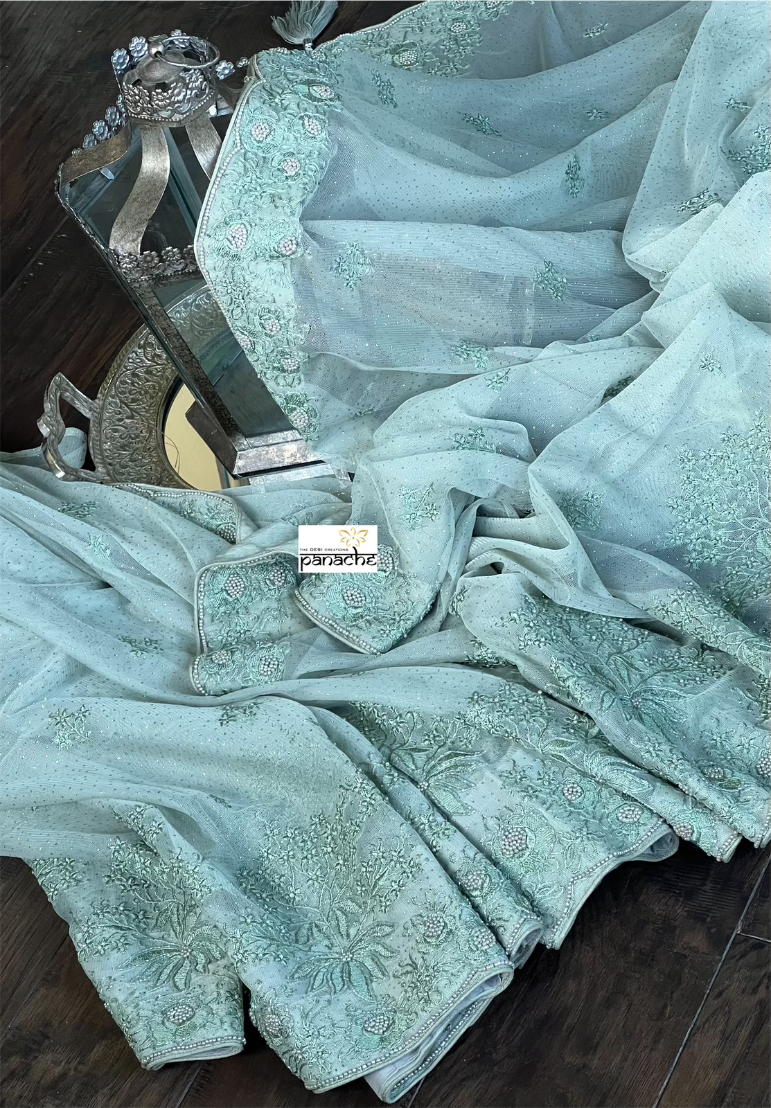 Designer Pure Net Embroidered - Sage Golden