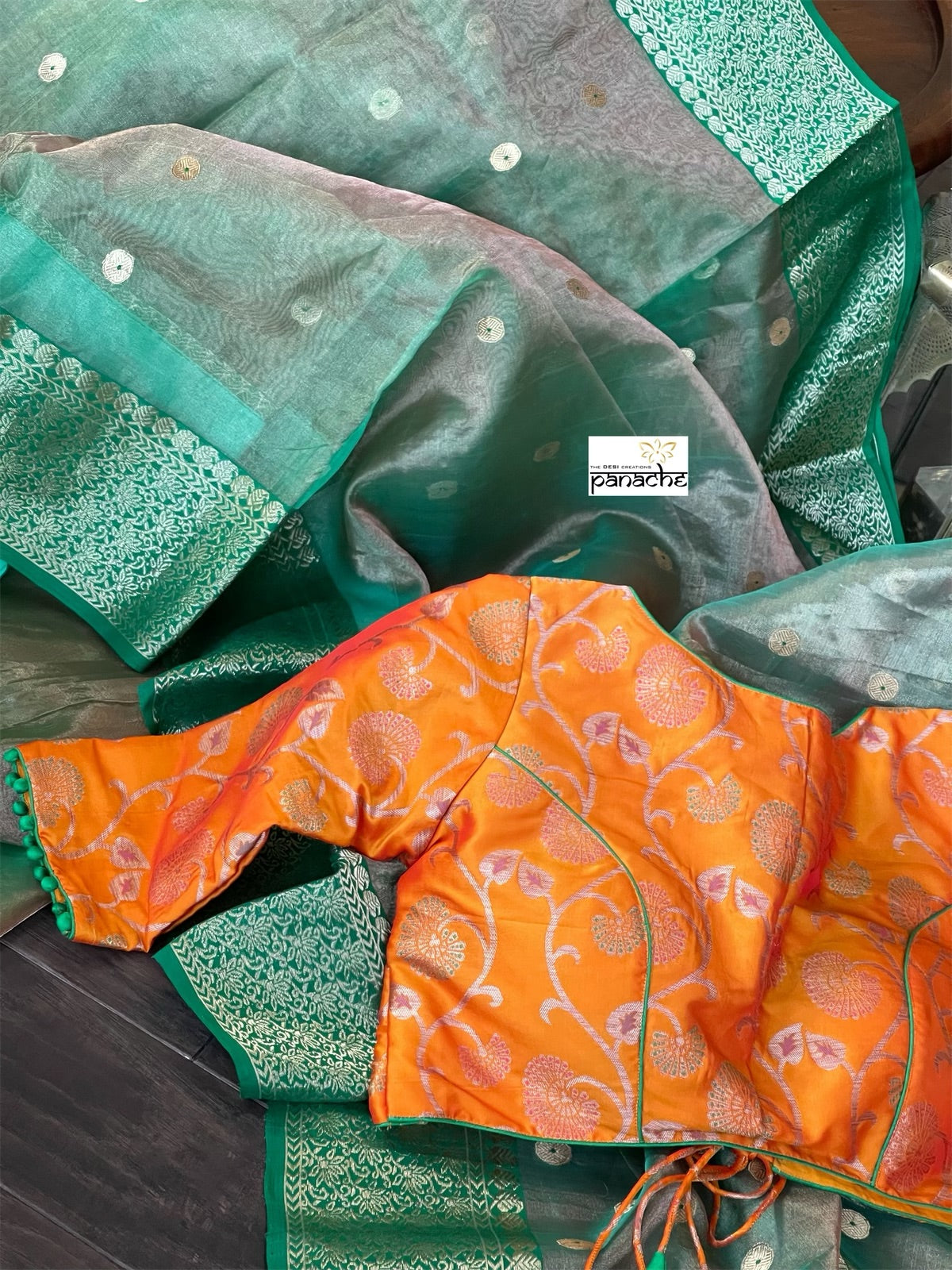 Tissue Chanderi Silk - Green Golden Zari