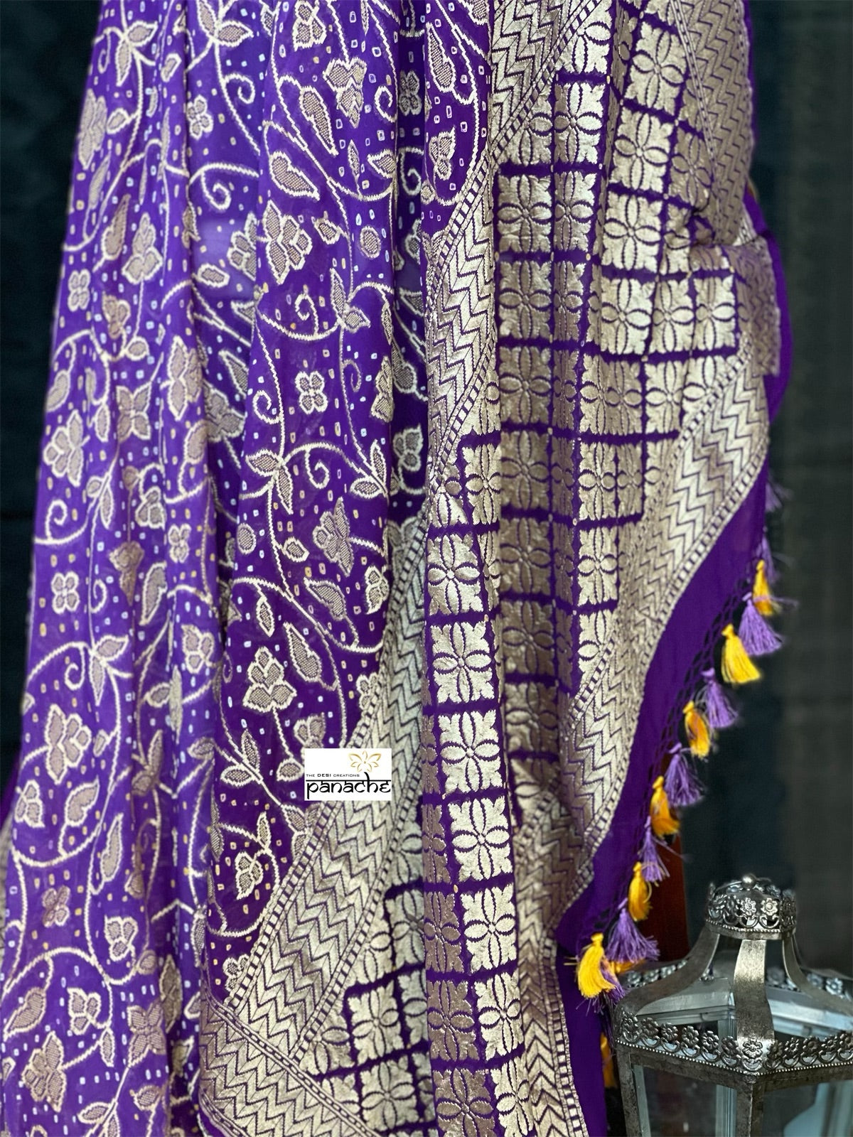 Bandhej Khaddi Georgette Banarasi - Purple Bandhej