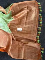 Mulmul Tissue Cotton Banarasi - Pista Green Orange Golden Zari