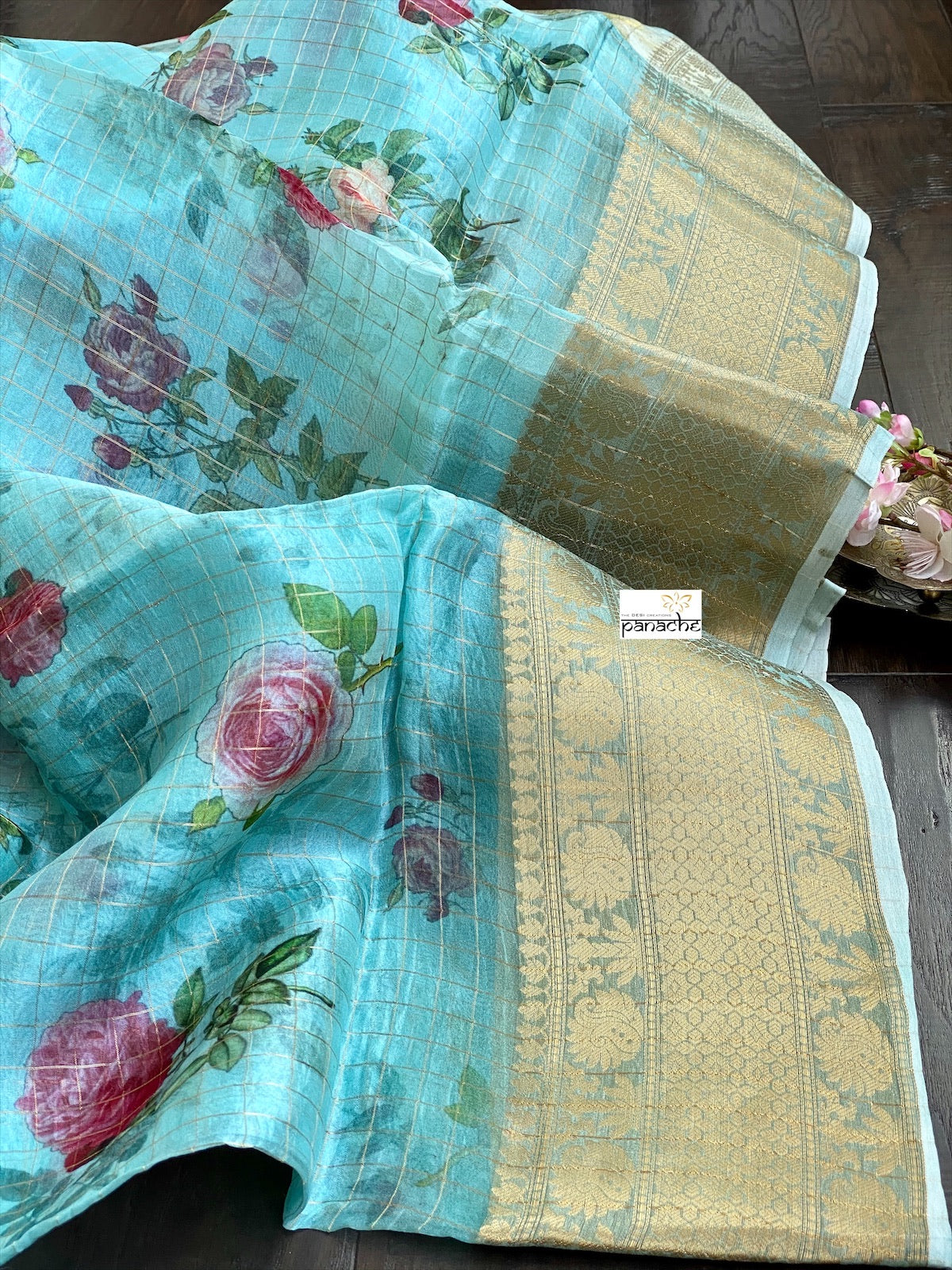Banarasi Organza Floral - Seagreen Golden Zari Checks