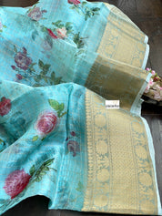Banarasi Organza Floral - Seagreen Golden Zari Checks