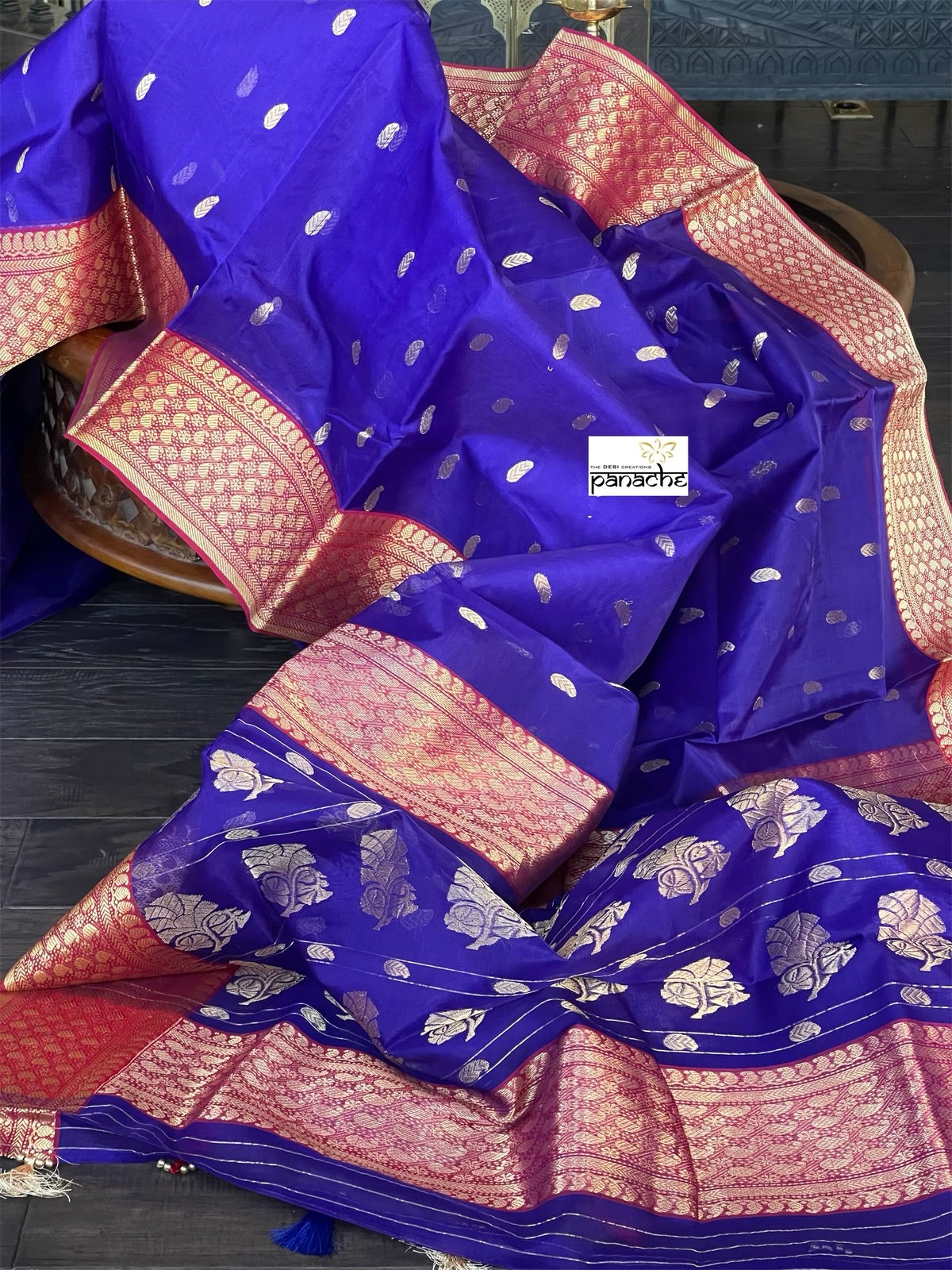 Pure Chanderi Organza Silk - Purplish Blue Red