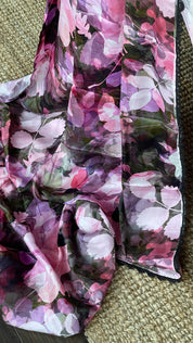 Designer Satin Maslin Silk - Green Pink Shaded Flower