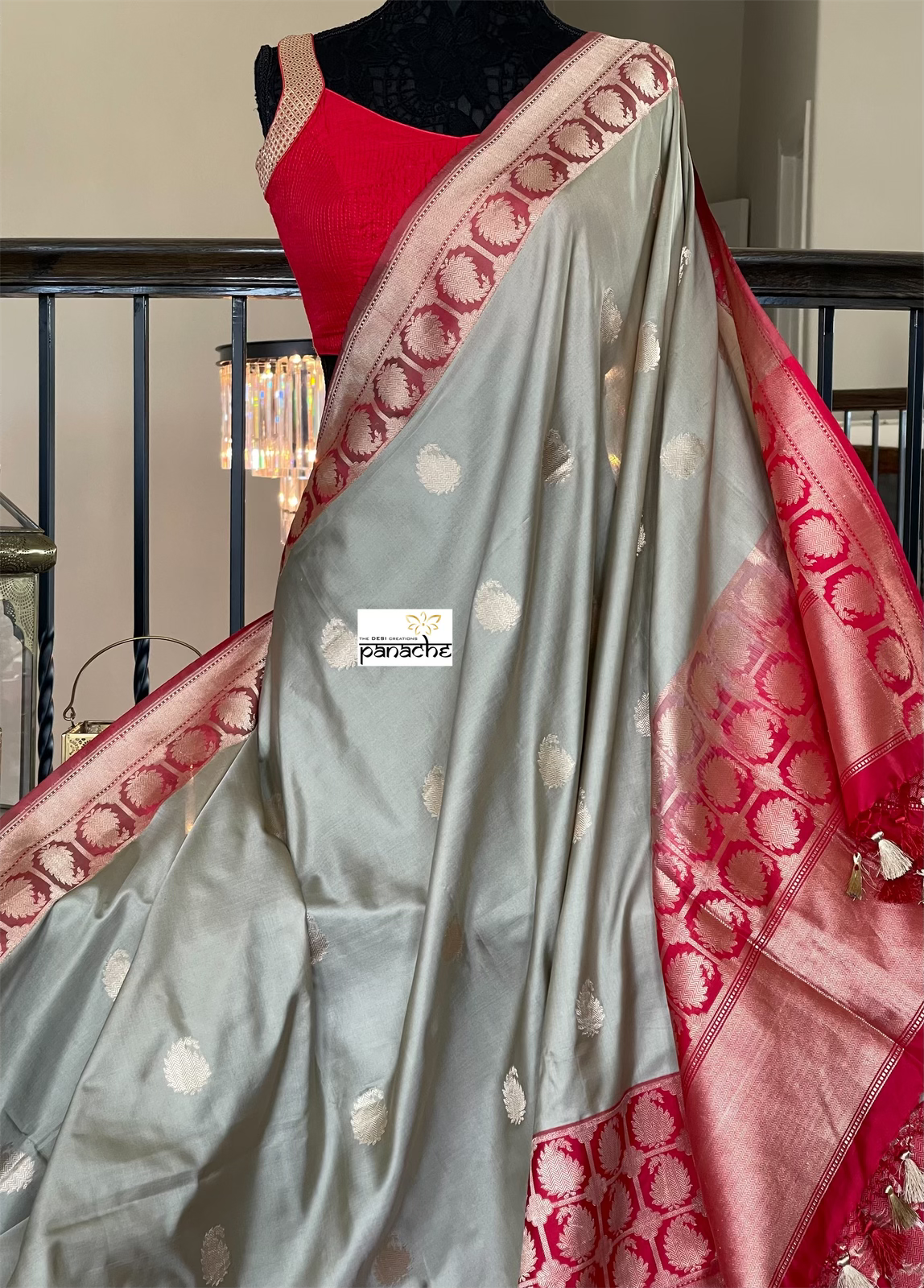 Pure Katan Silk Banarasi - Grey Red