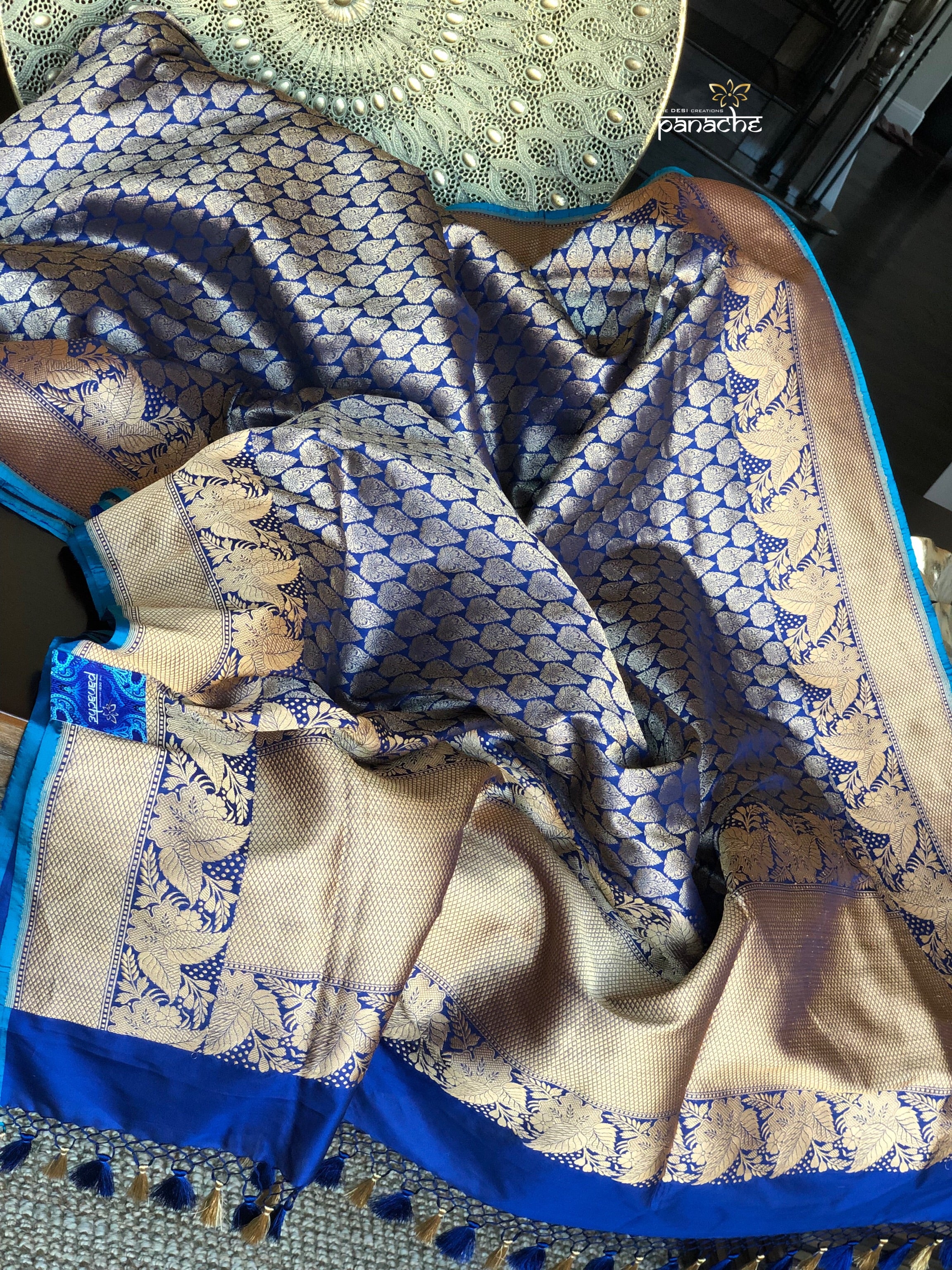Tanchoi Silk Banarasi - Blue Antique Golden Zari