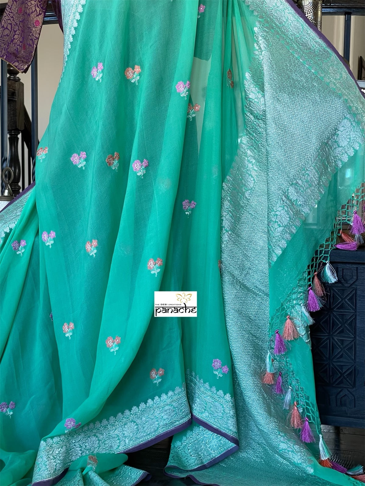 Khaddi Georgette Banarasi - Green Purple Khadhua Woven